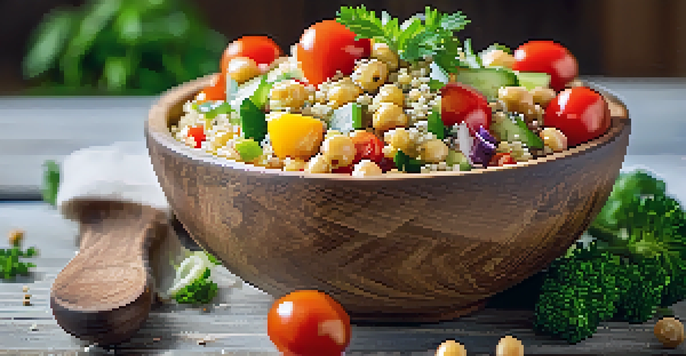 A colorful quinoa salad in a wooden bowl with cherry tomatoes, cucumber, and chickpeas, garnished with parsley in a sunlit kitchen.
