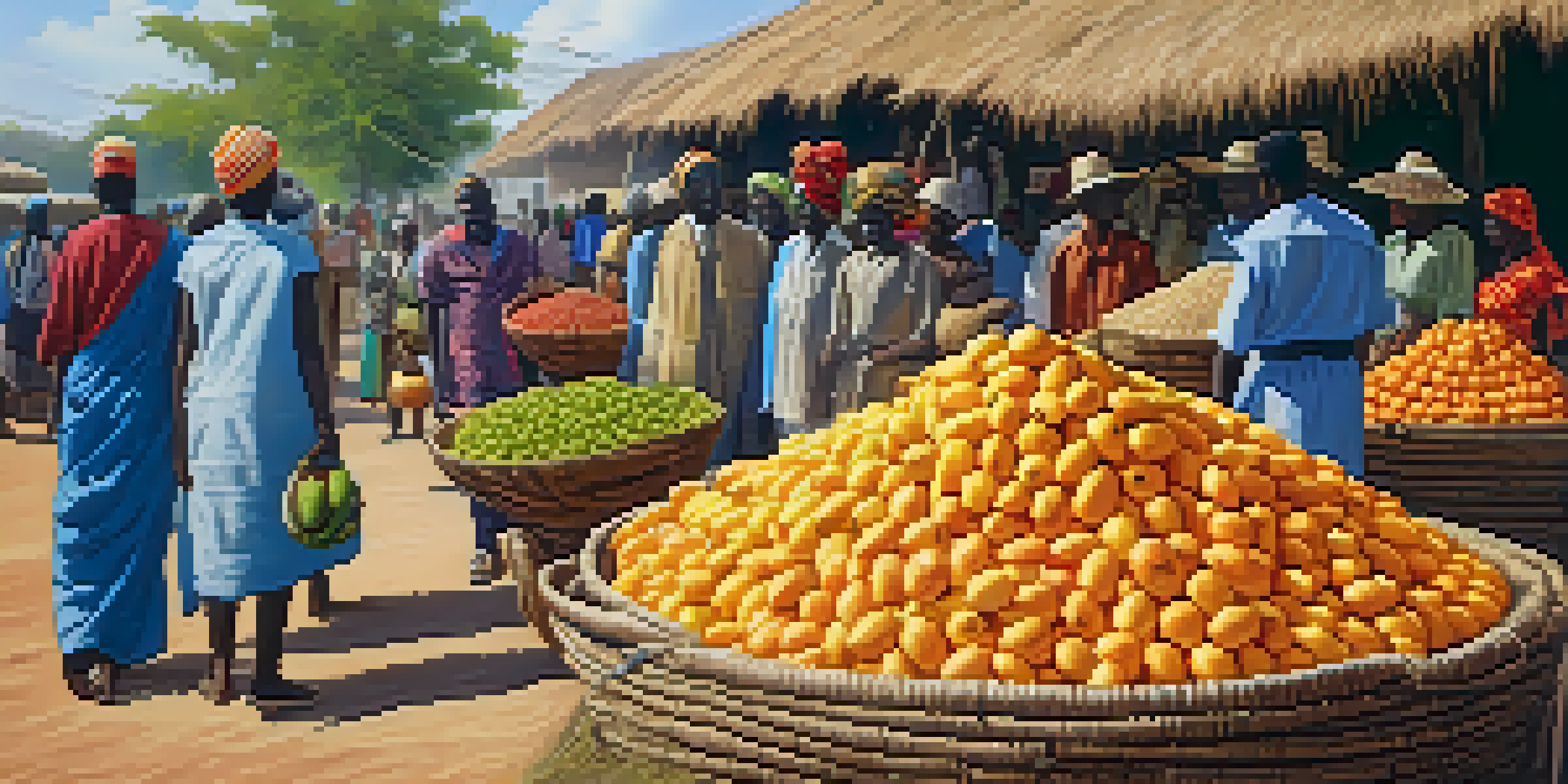 A lively African market with colorful fruits and vegetables, people in traditional clothing, and a bright blue sky.