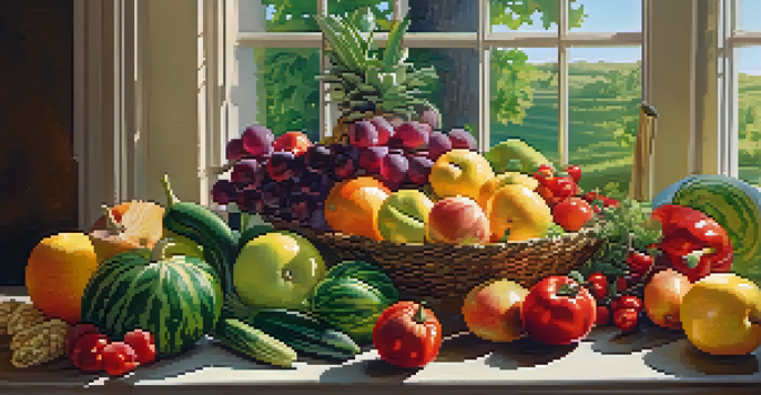 A colorful display of fresh fruits and vegetables, highlighting their textures and shapes under soft natural light.