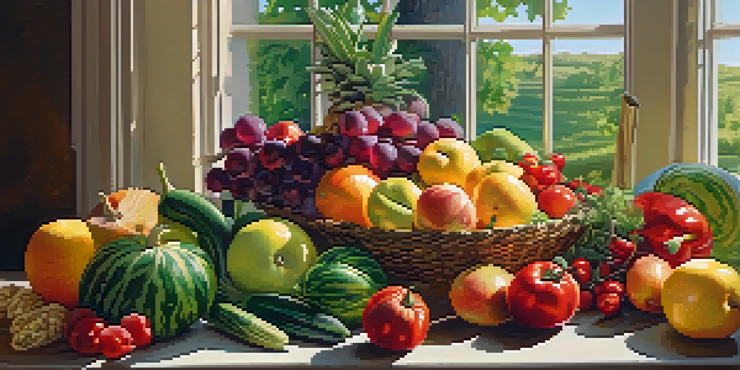 A colorful display of fresh fruits and vegetables, highlighting their textures and shapes under soft natural light.