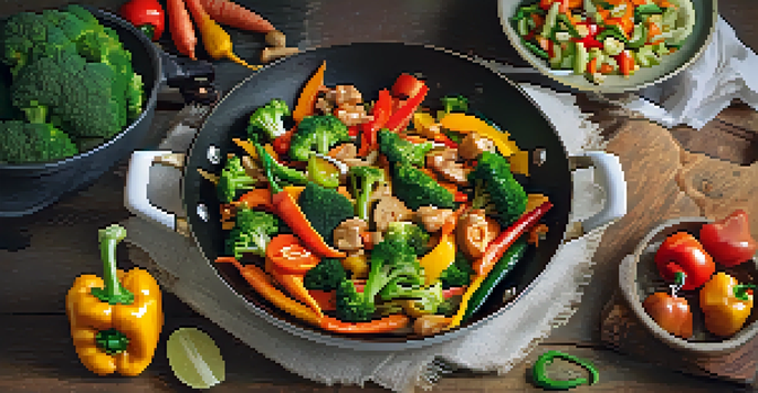 A colorful vegan stir-fry in a wok, showcasing fresh vegetables like bell peppers, broccoli, and carrots, with steam rising in a bright kitchen.