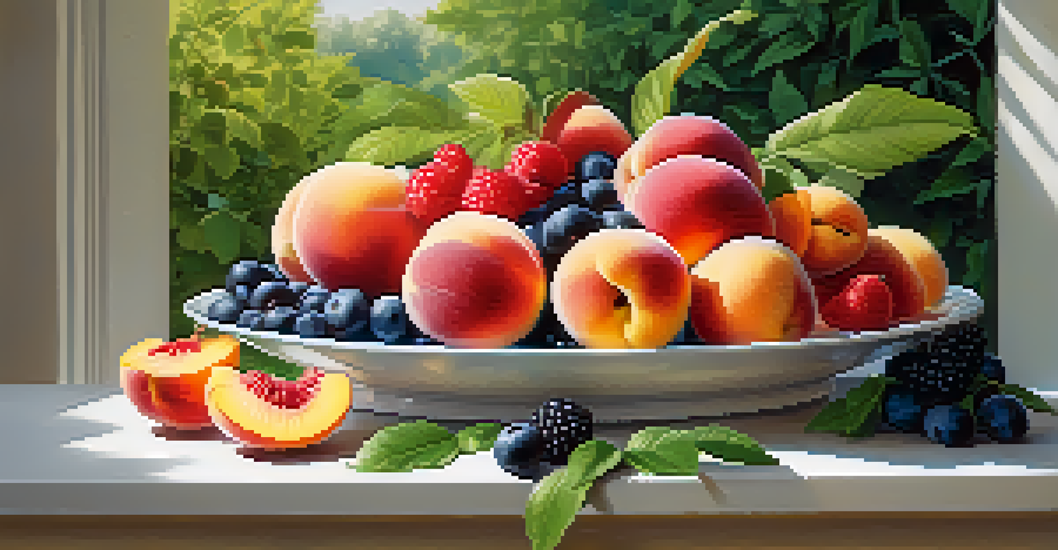 A colorful platter of summer fruits including peaches, watermelon, and berries on a white plate with green foliage in the background.