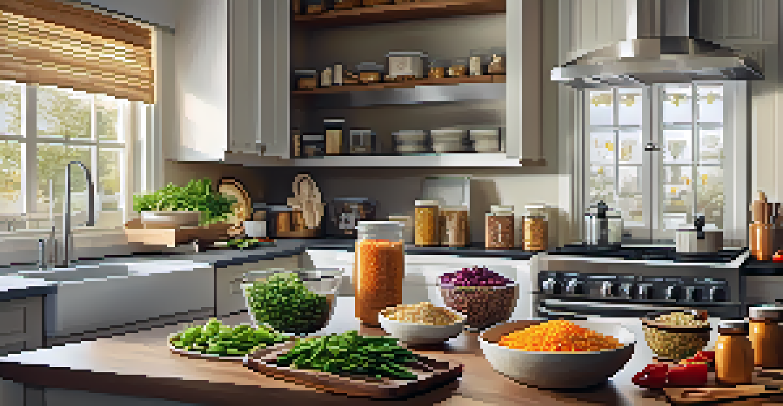 A meal prep scene in a kitchen with containers of grains, vegetables, and dressings for making grain bowls.