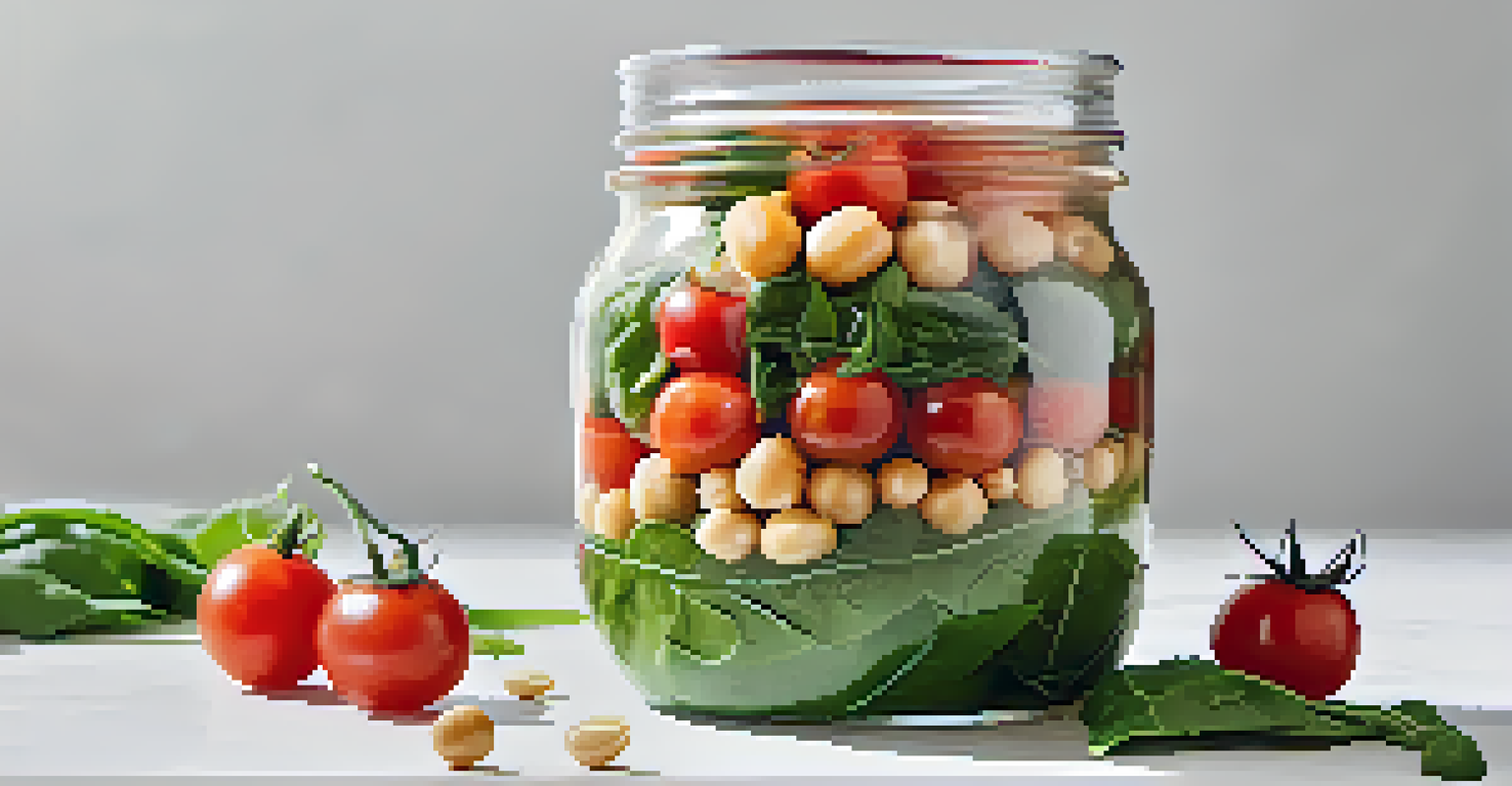 A layered salad jar with cherry tomatoes, chickpeas, and spinach against a white background.