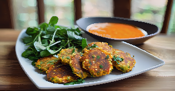 A plate of crispy vegetable fritters made with carrots, zucchini, and spinach, served with a colorful vegan dipping sauce on a rustic wooden table.