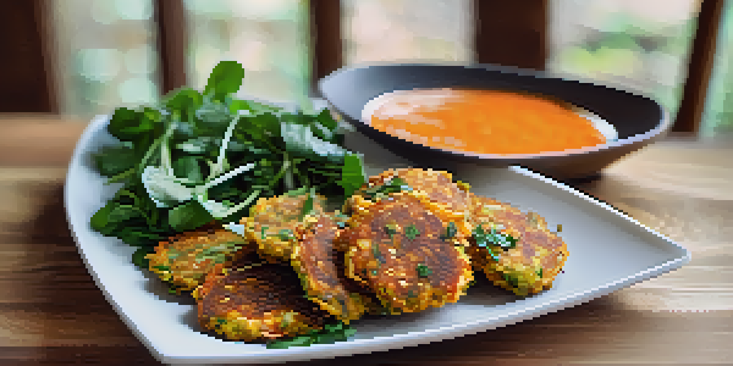 A plate of crispy vegetable fritters made with carrots, zucchini, and spinach, served with a colorful vegan dipping sauce on a rustic wooden table.