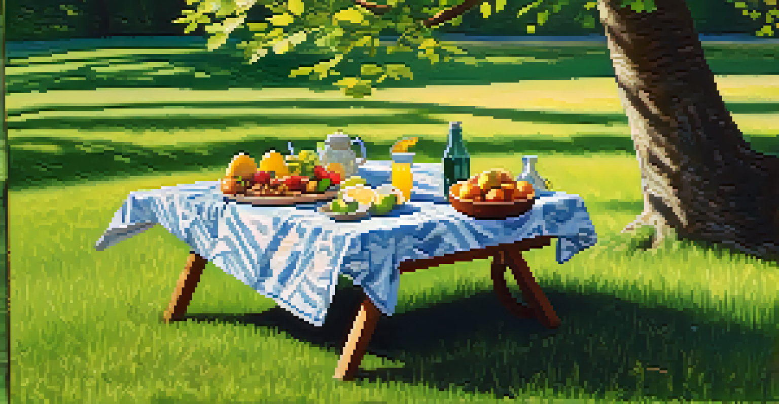 An outdoor picnic scene with a blanket, mixed nuts, fresh fruits, and lemonade, surrounded by greenery.
