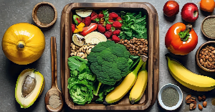 A flat lay of a vegan meal prep with colorful fruits, leafy greens, and nuts arranged on a wooden cutting board.