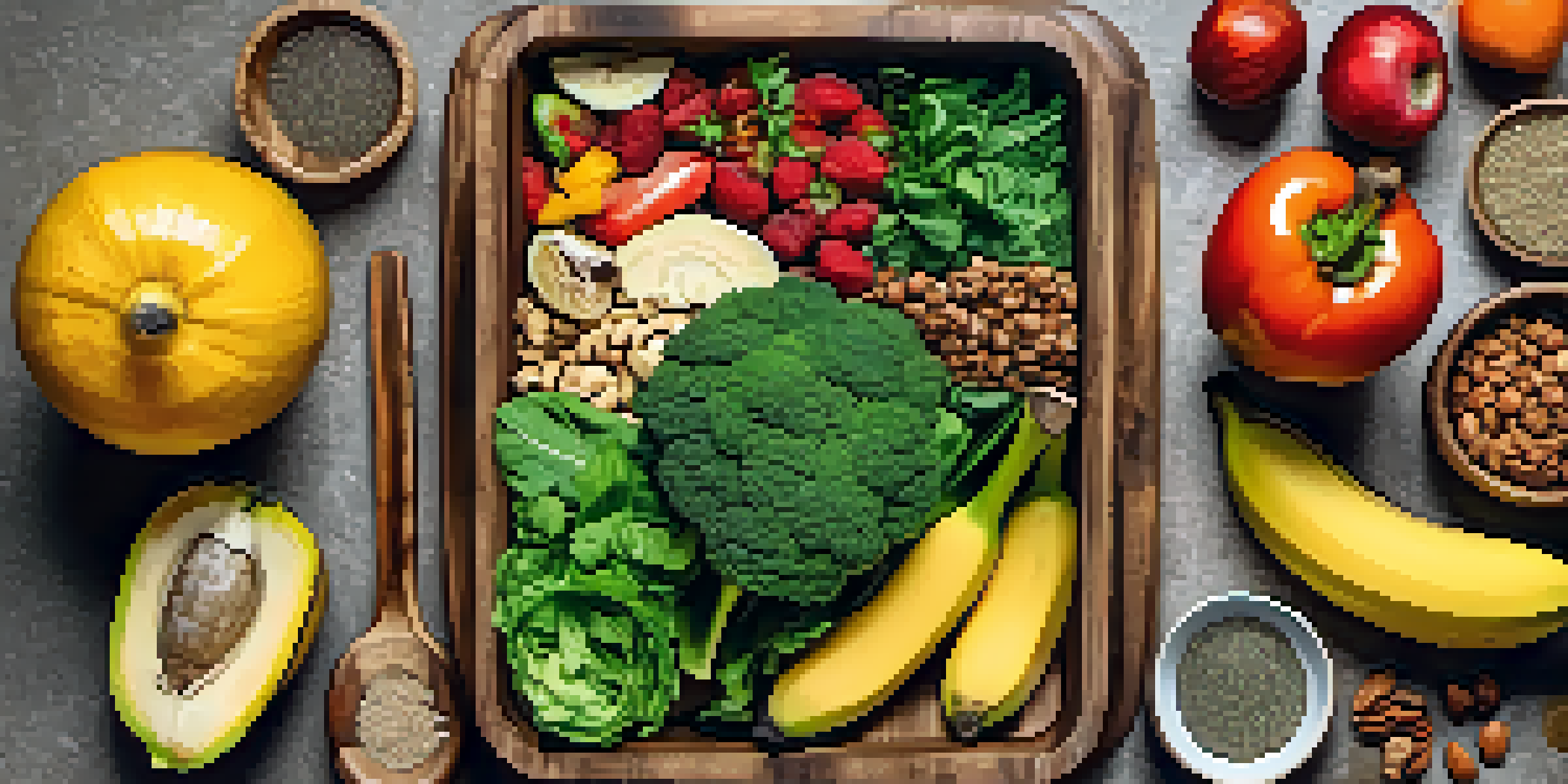 A flat lay of a vegan meal prep with colorful fruits, leafy greens, and nuts arranged on a wooden cutting board.