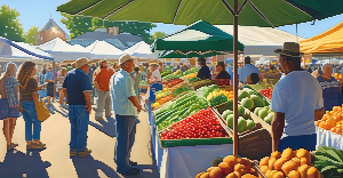 A lively farmers' market with diverse people interacting around colorful fresh produce.