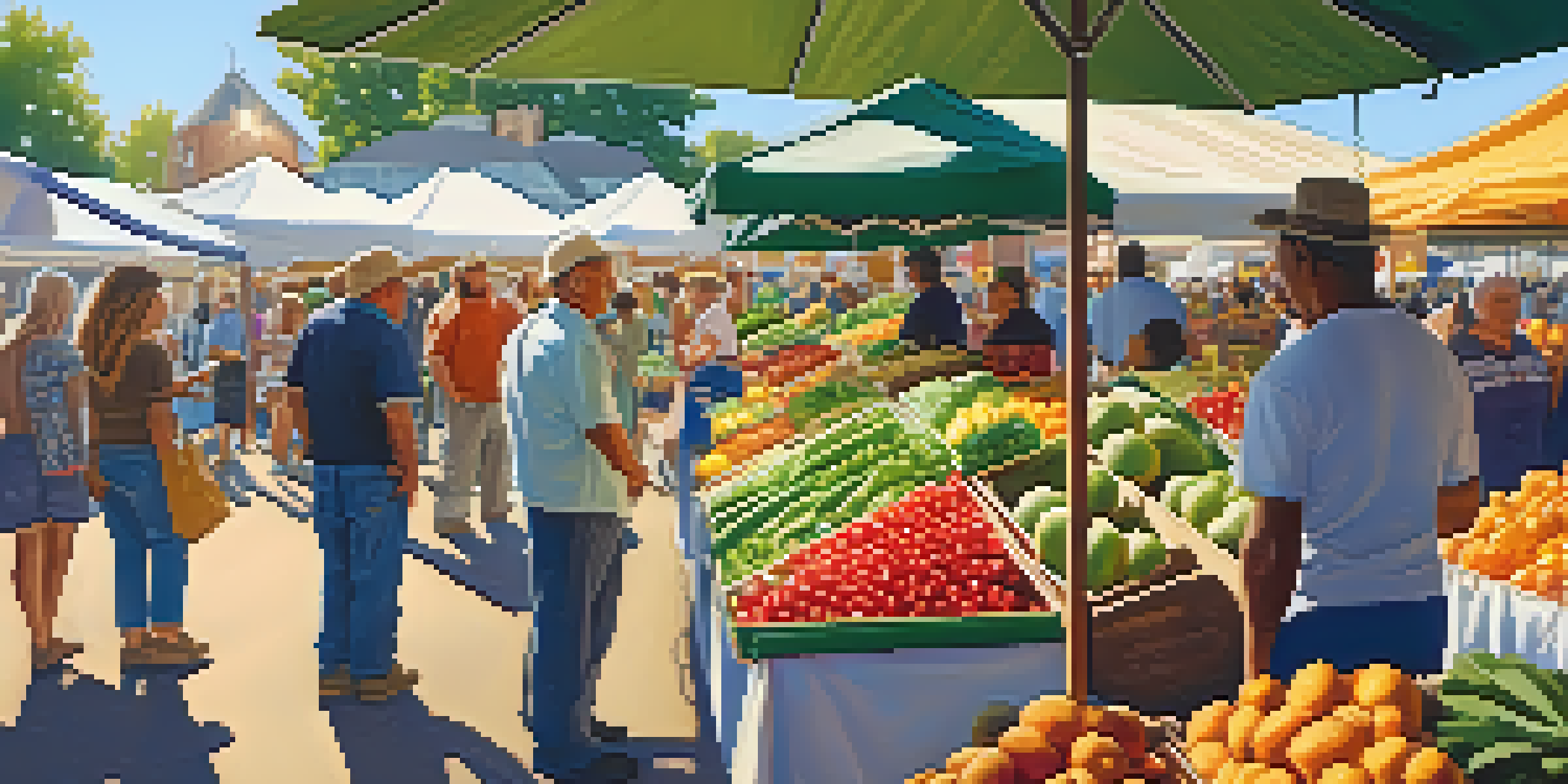 A lively farmers' market with diverse people interacting around colorful fresh produce.