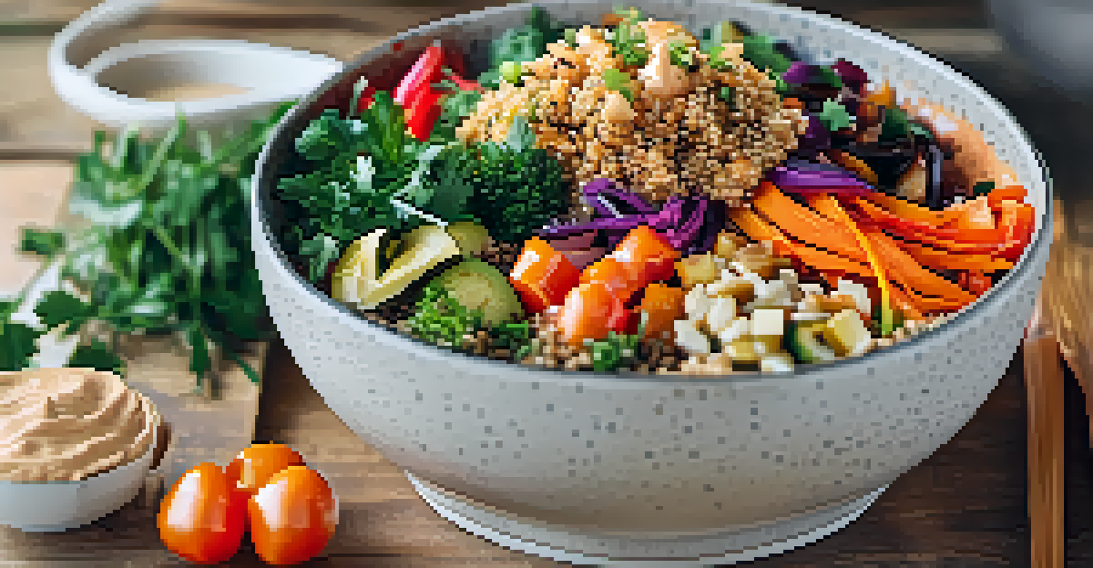 A colorful vegan grain bowl with quinoa, kimchi, roasted vegetables, and tahini on a wooden surface.