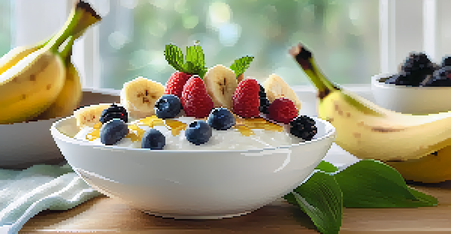 A bowl of coconut yogurt topped with berries and banana slices on a table.