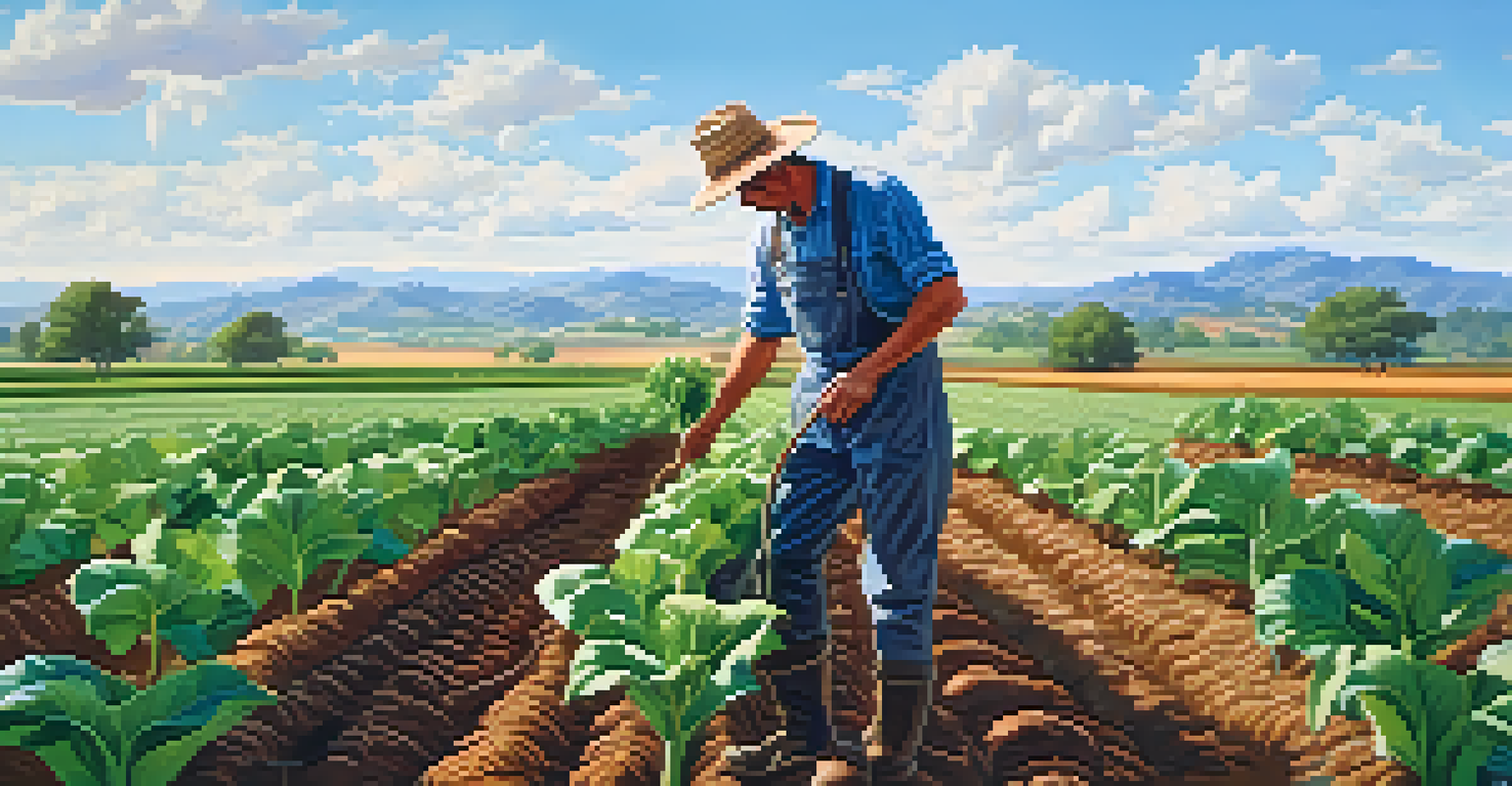 A farmer inspecting crops in a field, showcasing sustainable farming practices for water conservation.