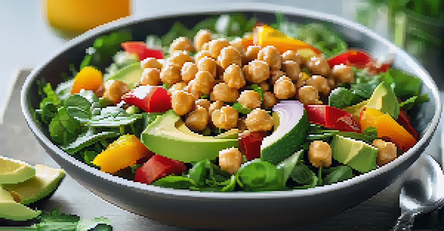 A close-up of a colorful salad bowl filled with chickpeas, bell peppers, avocado, and greens, garnished with seeds and dressing.