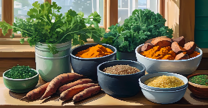 A colorful array of vegan meal prep ingredients including roasted sweet potatoes, quinoa, and fresh kale on a wooden table with spices in jars and natural light.