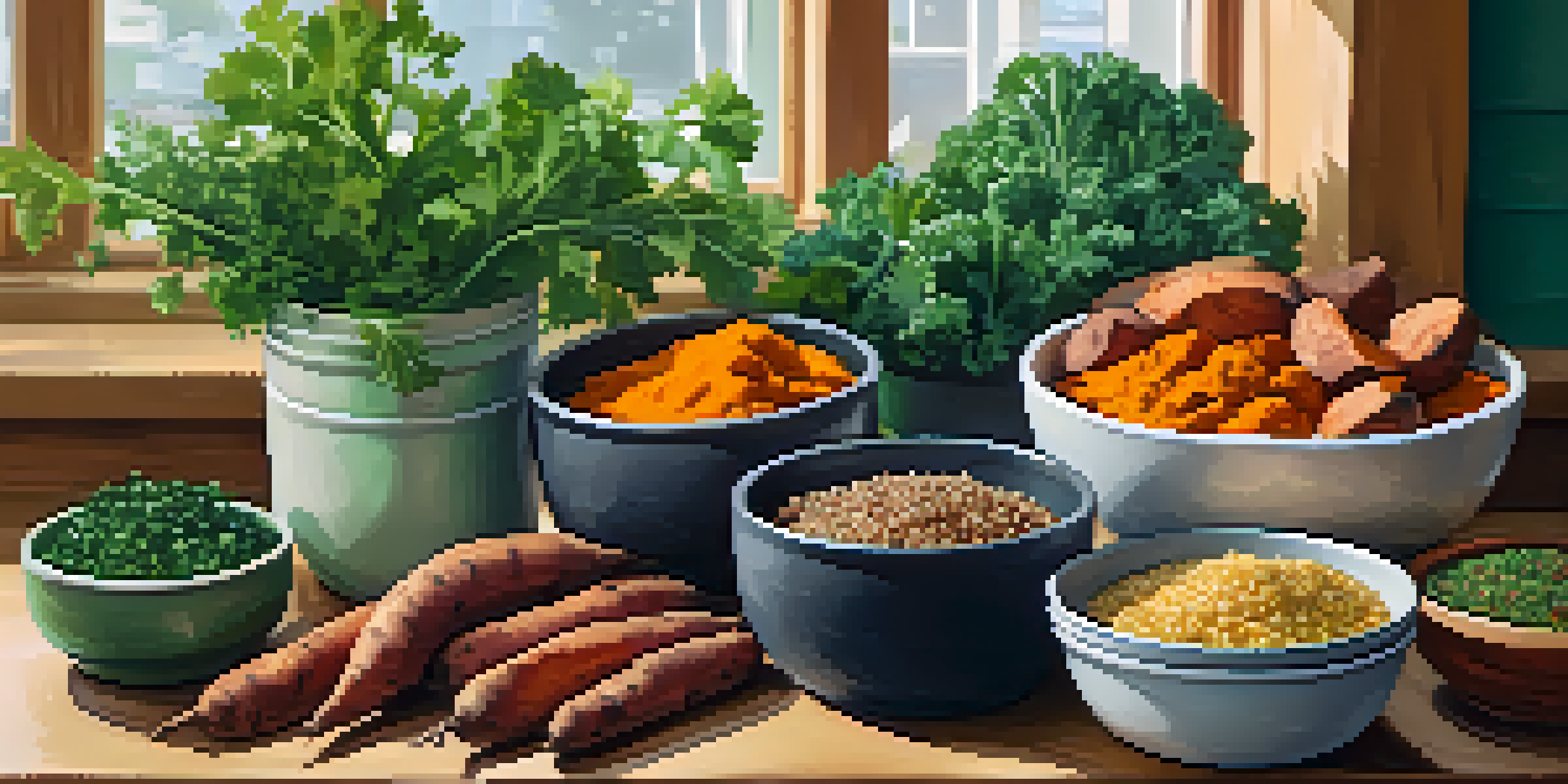 A colorful array of vegan meal prep ingredients including roasted sweet potatoes, quinoa, and fresh kale on a wooden table with spices in jars and natural light.