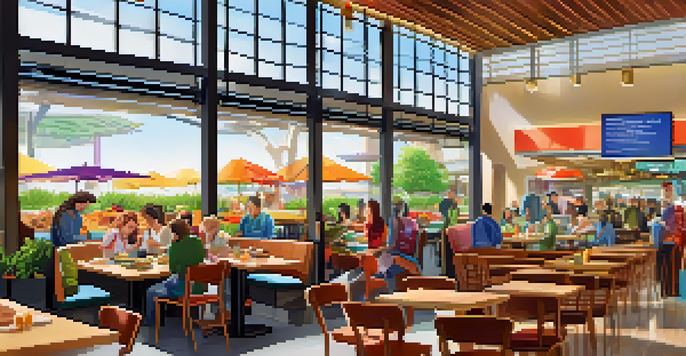 A busy airport food court with travelers enjoying diverse vegan meals, including a grain bowl with vegetables and avocado.