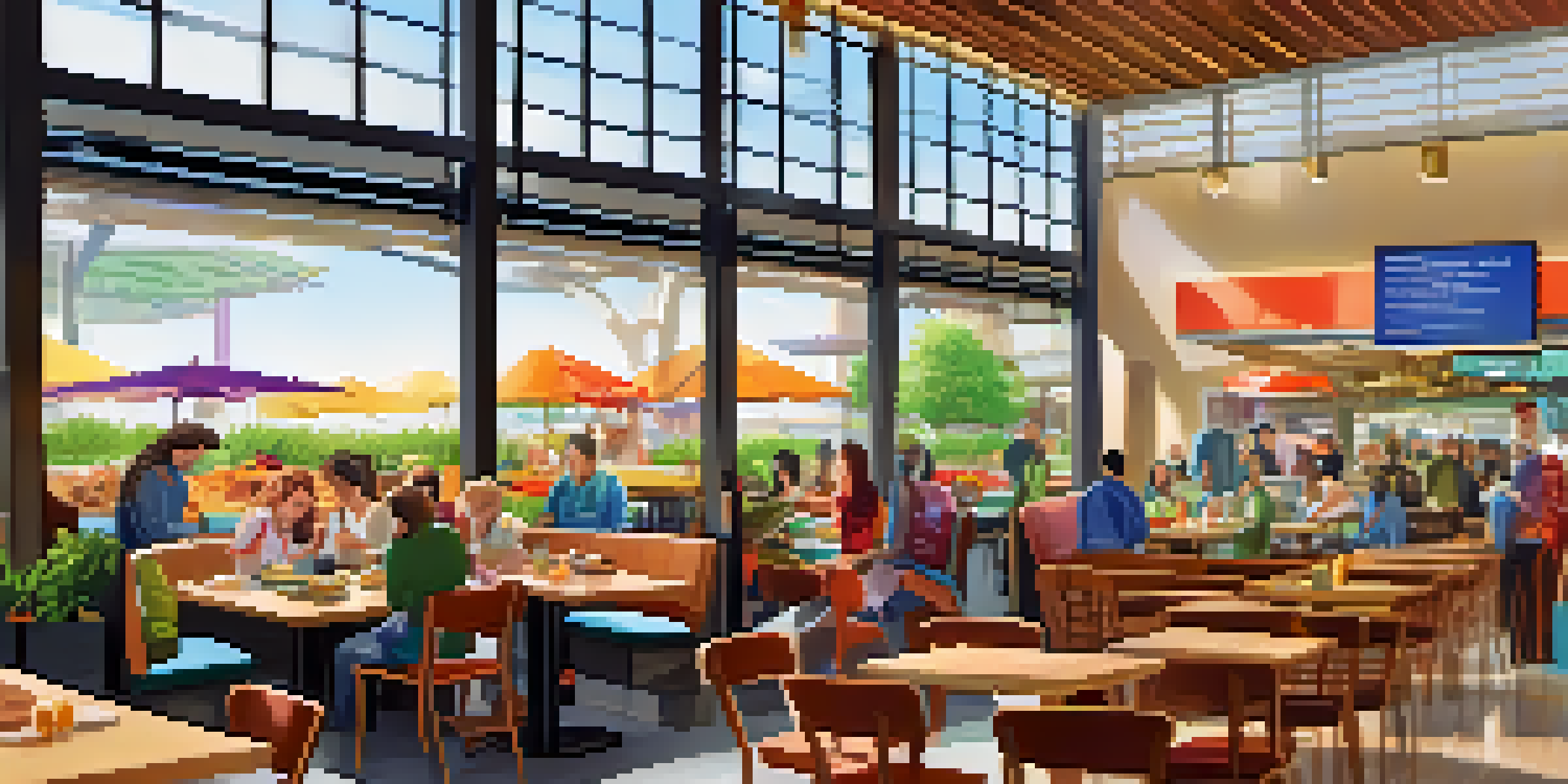 A busy airport food court with travelers enjoying diverse vegan meals, including a grain bowl with vegetables and avocado.