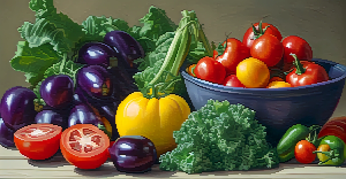 A still life of colorful fruits and vegetables on a wooden table, including tomatoes, kale, bell peppers, and eggplants, with a bowl of quinoa and a smoothie.