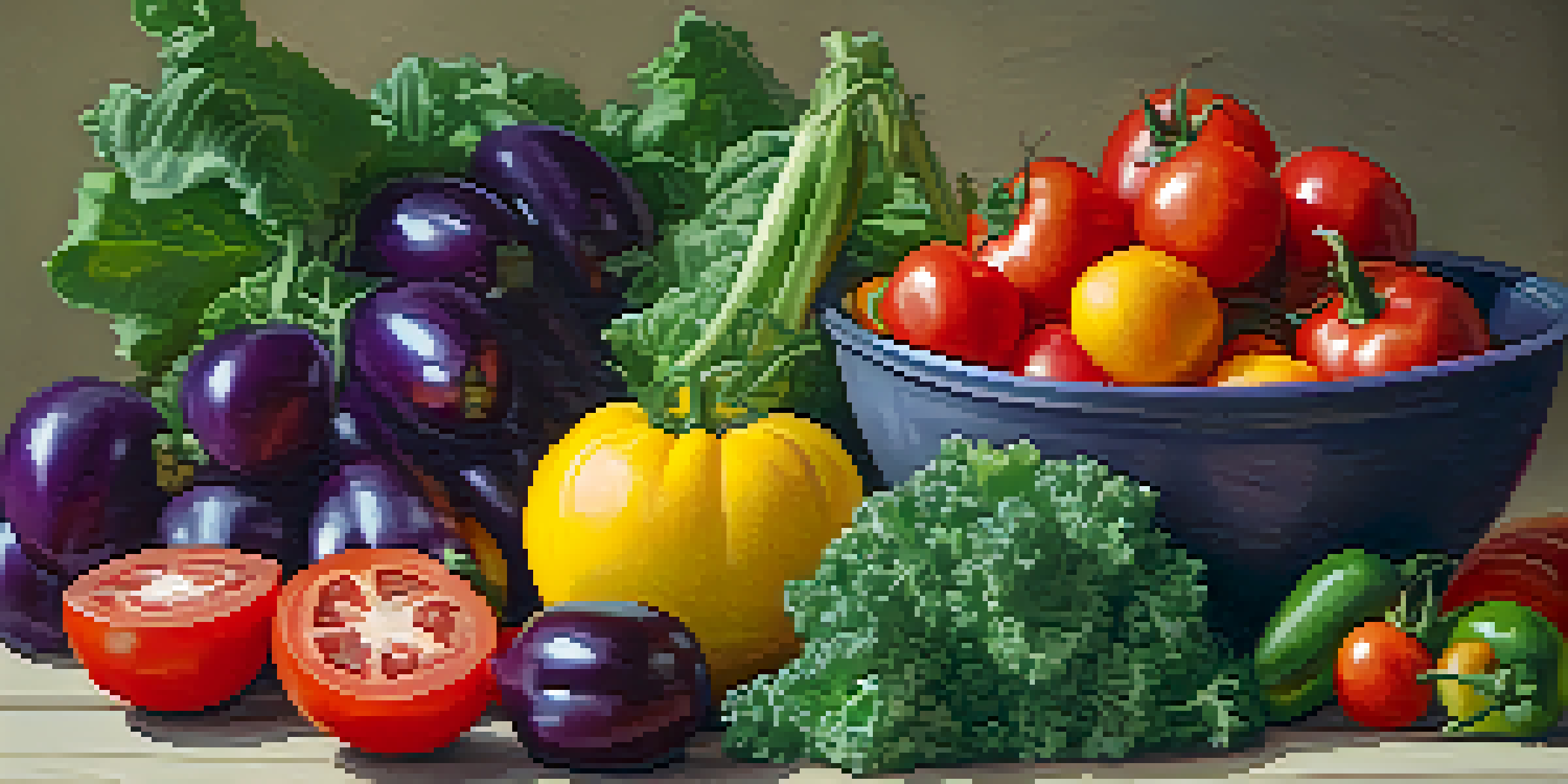 A still life of colorful fruits and vegetables on a wooden table, including tomatoes, kale, bell peppers, and eggplants, with a bowl of quinoa and a smoothie.