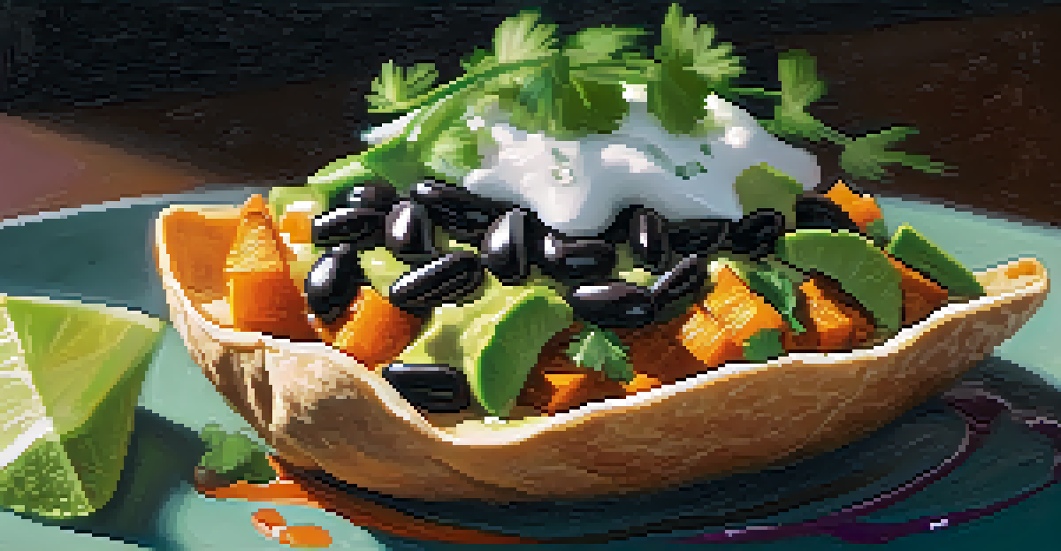 A close-up of a sweet potato and black bean taco garnished with avocado and cilantro.
