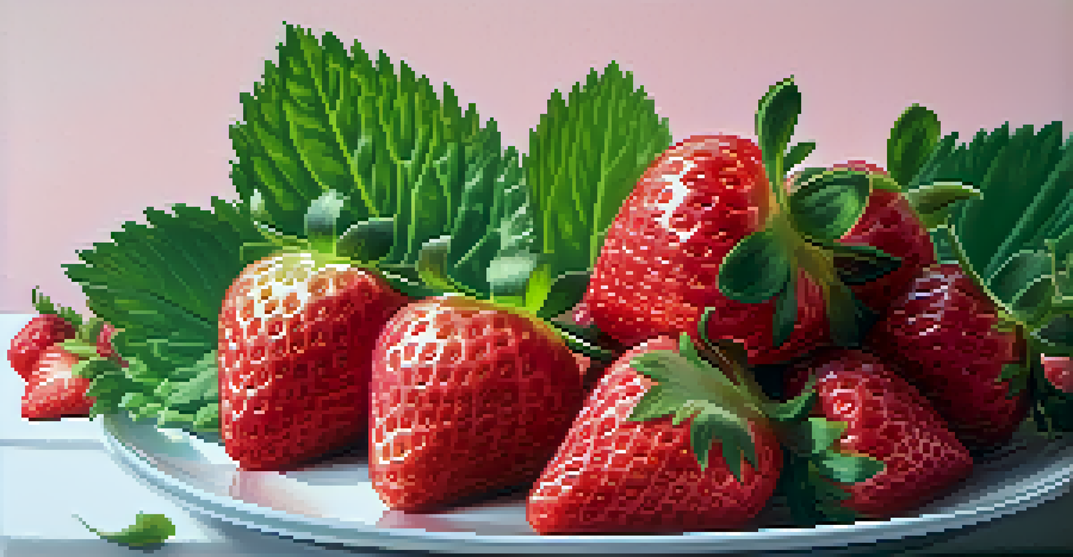 Fresh strawberries and rhubarb artfully arranged on a white plate, with a blurred kitchen background.