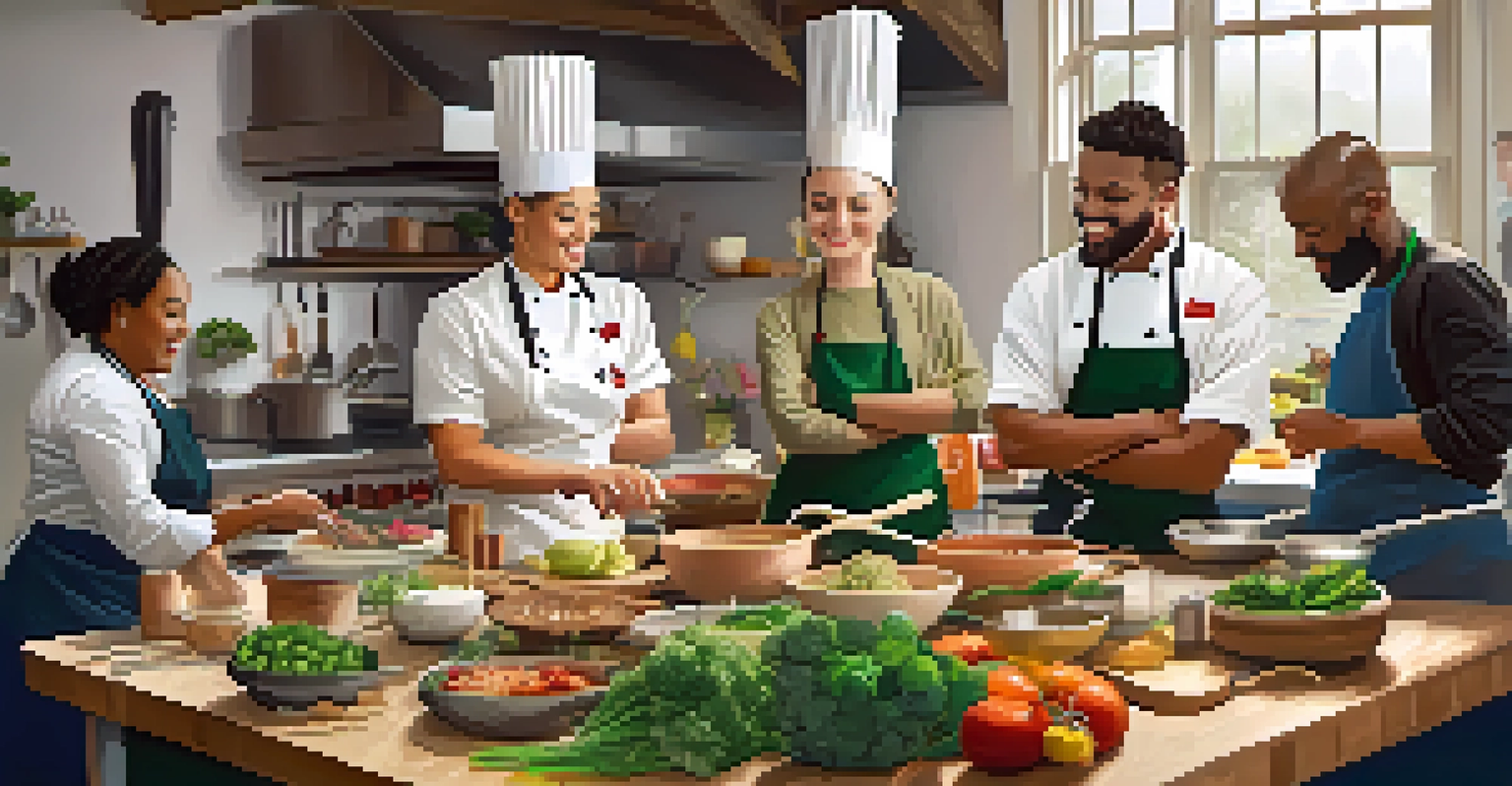 Diverse chefs working together in a bright kitchen during a vegan cooking competition.