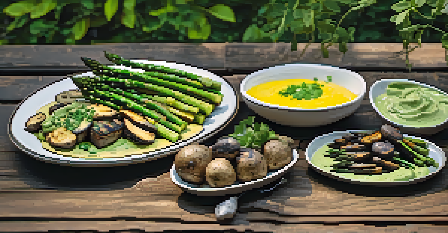 A plate of grilled vegan dishes like asparagus and portobello mushrooms with avocado dressing and roasted potatoes on a wooden table.