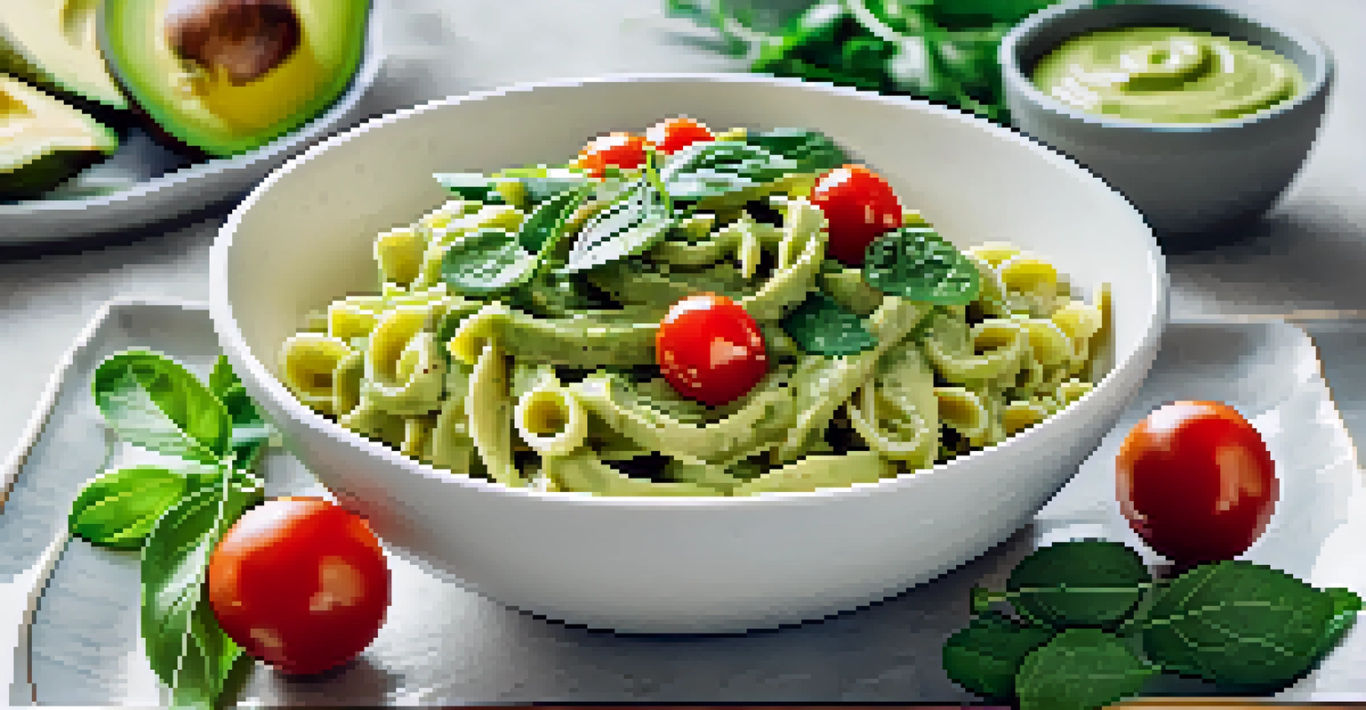 A bowl of creamy avocado pasta with spinach and cherry tomatoes, served with a fork, illuminated by natural light.