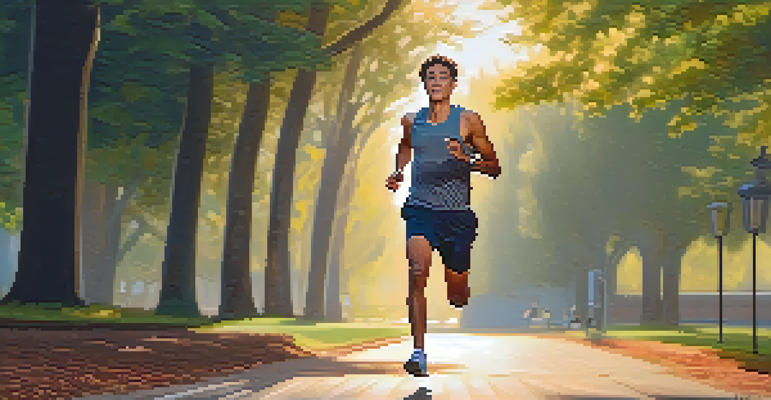 A young man running in a park at sunset, showcasing determination with trees and a jogging path in the background.