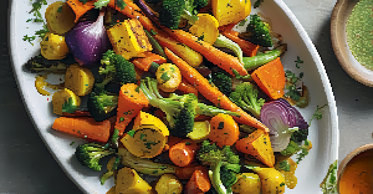 A plate of roasted vegetables seasoned with turmeric, including carrots, broccoli, and bell peppers, with a bowl of turmeric dressing and fresh herbs for garnish.