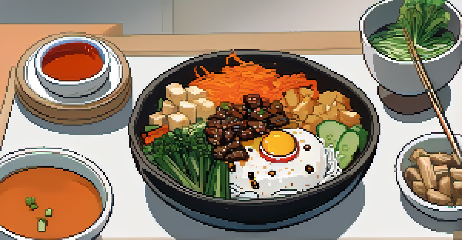A colorful plate of vegan bibimbap with vegetables, tofu, and gochujang sauce in a stone bowl with chopsticks.