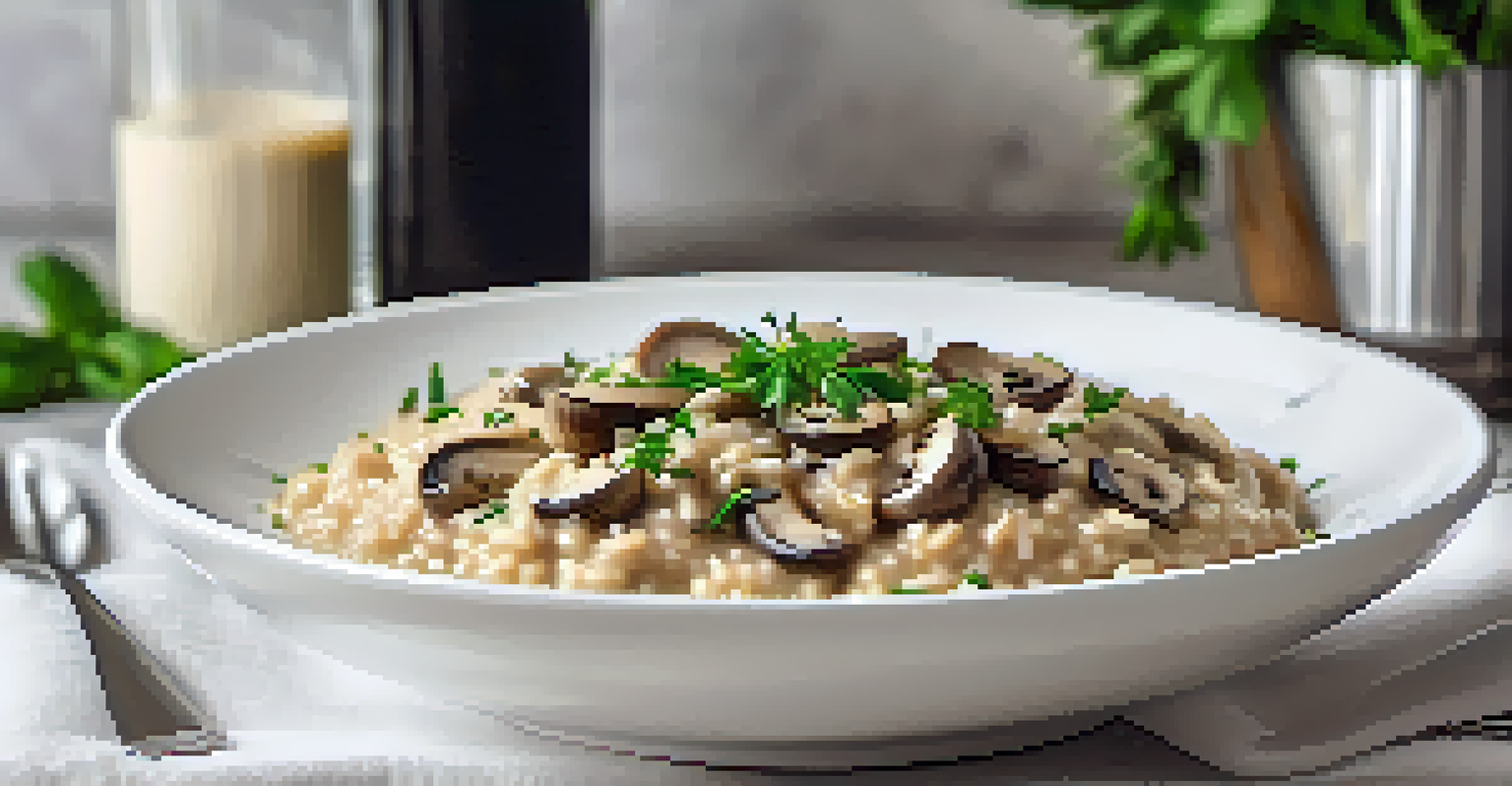 A close-up of creamy vegan mushroom risotto in a white bowl, garnished with herbs, against a softly lit kitchen background.