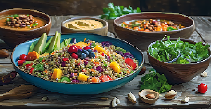A colorful vegan meal spread on a wooden table, including quinoa salad, lentil soup, fresh fruits, and nuts, illuminated by soft natural light.
