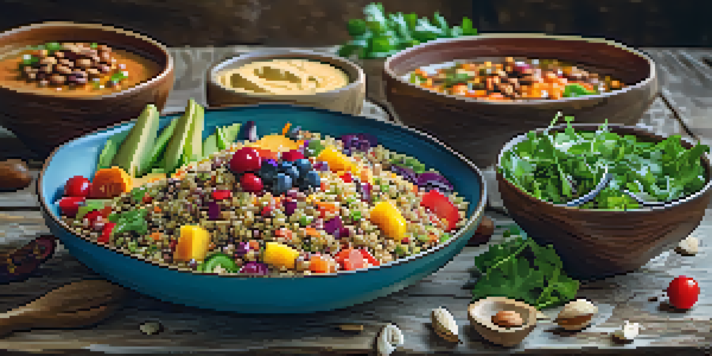 A colorful vegan meal spread on a wooden table, including quinoa salad, lentil soup, fresh fruits, and nuts, illuminated by soft natural light.