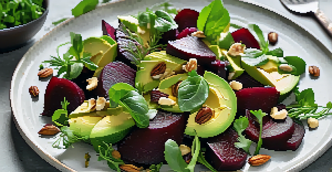 A colorful salad with sweet beets, creamy avocado, and crunchy nuts on a white plate, garnished with herbs and balsamic reduction.