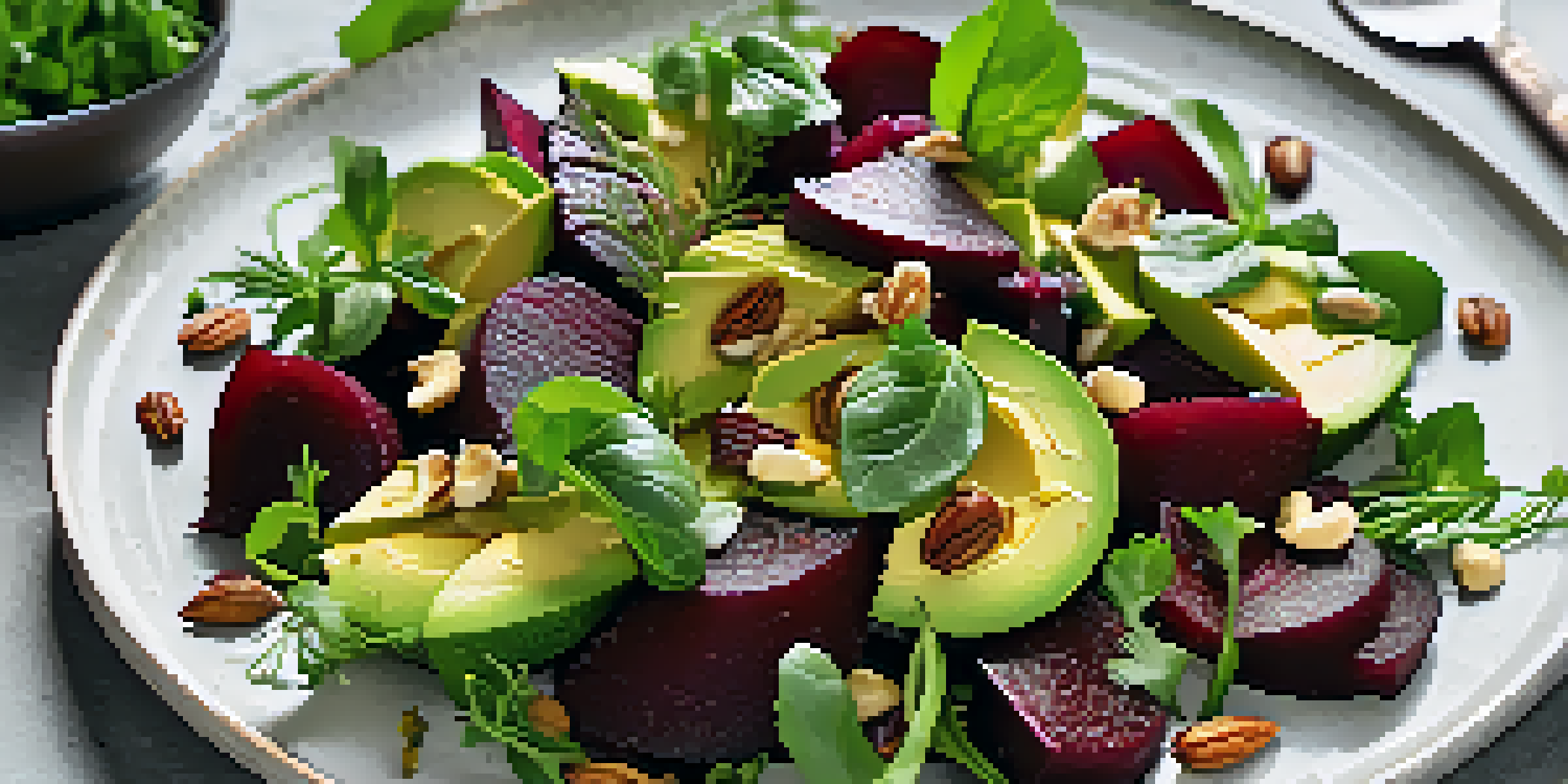 A colorful salad with sweet beets, creamy avocado, and crunchy nuts on a white plate, garnished with herbs and balsamic reduction.