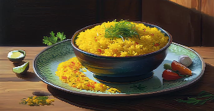 A bowl of bright yellow turmeric rice with roasted vegetables and herbs, illuminated by soft sunlight.