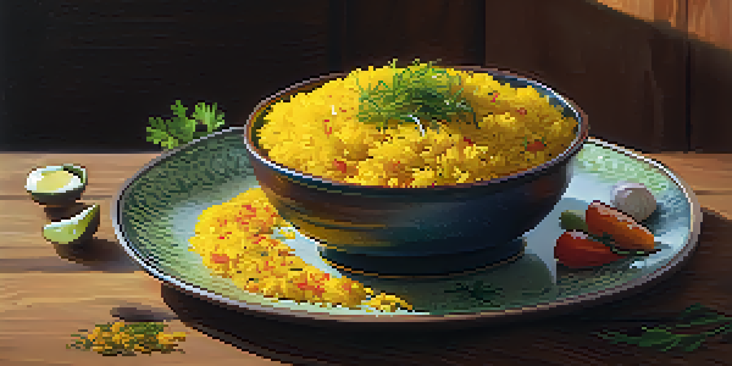 A bowl of bright yellow turmeric rice with roasted vegetables and herbs, illuminated by soft sunlight.