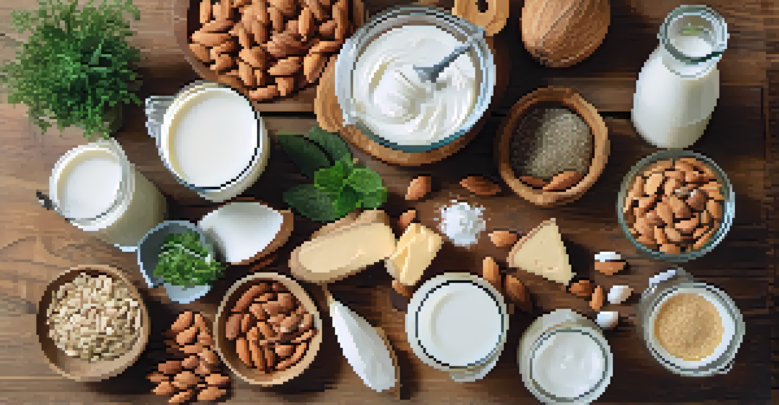 Artistic flat lay of plant-based dairy products like almond milk and coconut yogurt on a rustic table, surrounded by natural ingredients.