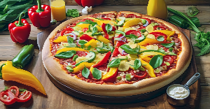 A colorful vegan pizza on a wooden cutting board with various toppings and a rustic kitchen backdrop.