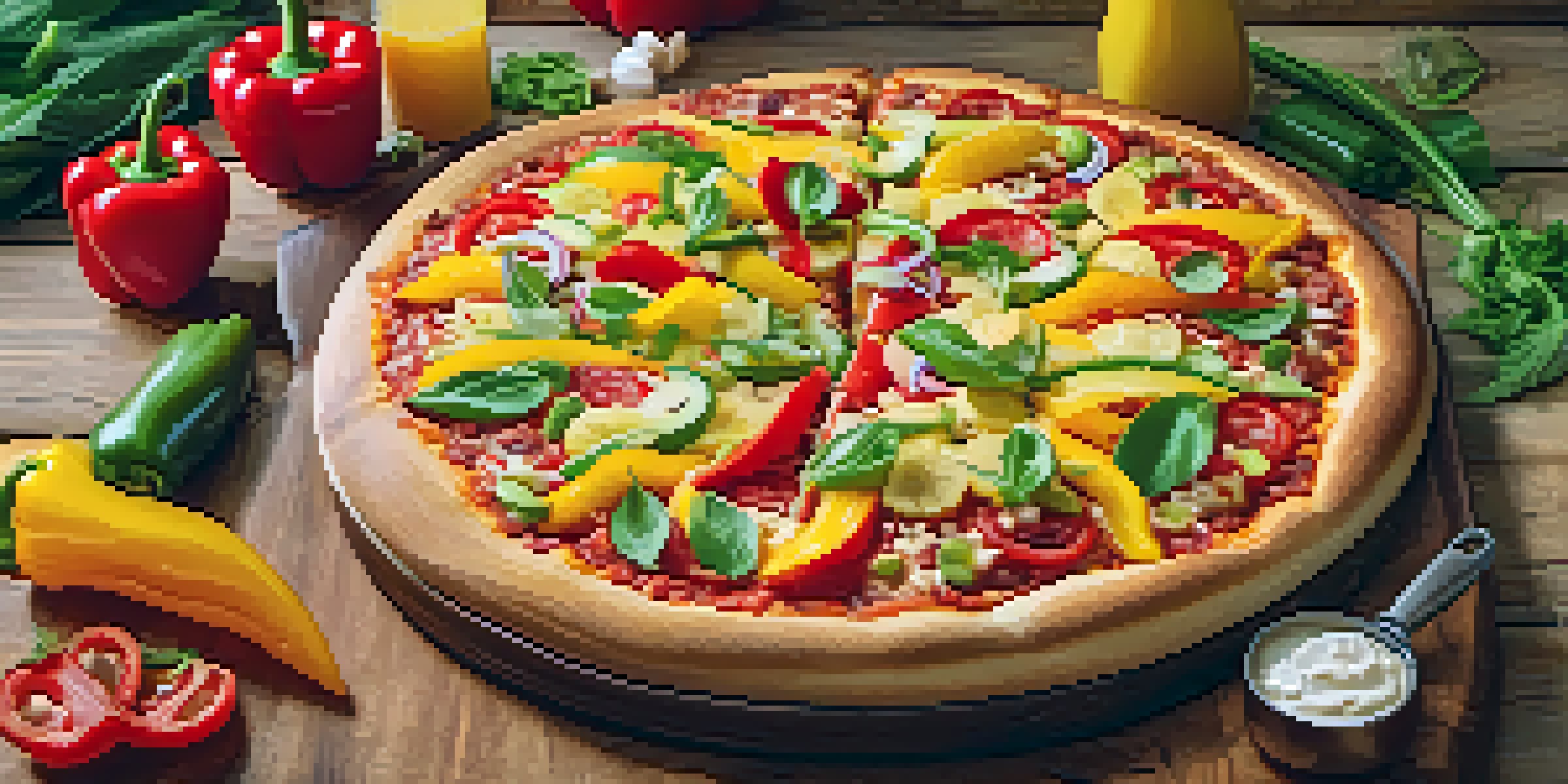 A colorful vegan pizza on a wooden cutting board with various toppings and a rustic kitchen backdrop.