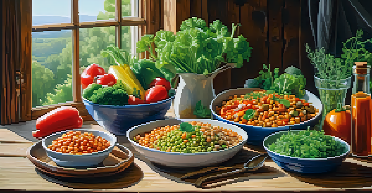 A close-up view of a colorful vegan dish made with various vegetables, legumes, and grains, beautifully presented on a wooden table.