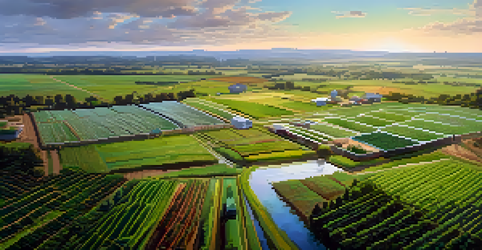 An aerial view of a sustainable farm featuring diverse crops, a pond, beehives, and a wind turbine in the background.