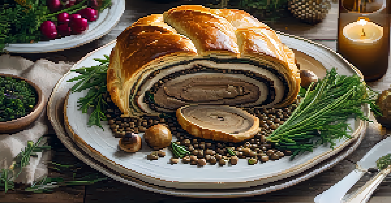 A vegan Wellington filled with mushrooms and lentils, beautifully presented on a holiday table with candlelight and seasonal decor.