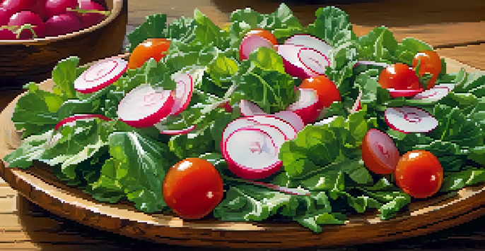 A colorful salad in a wooden bowl with leafy greens, radish slices, and cherry tomatoes, illuminated by natural light.