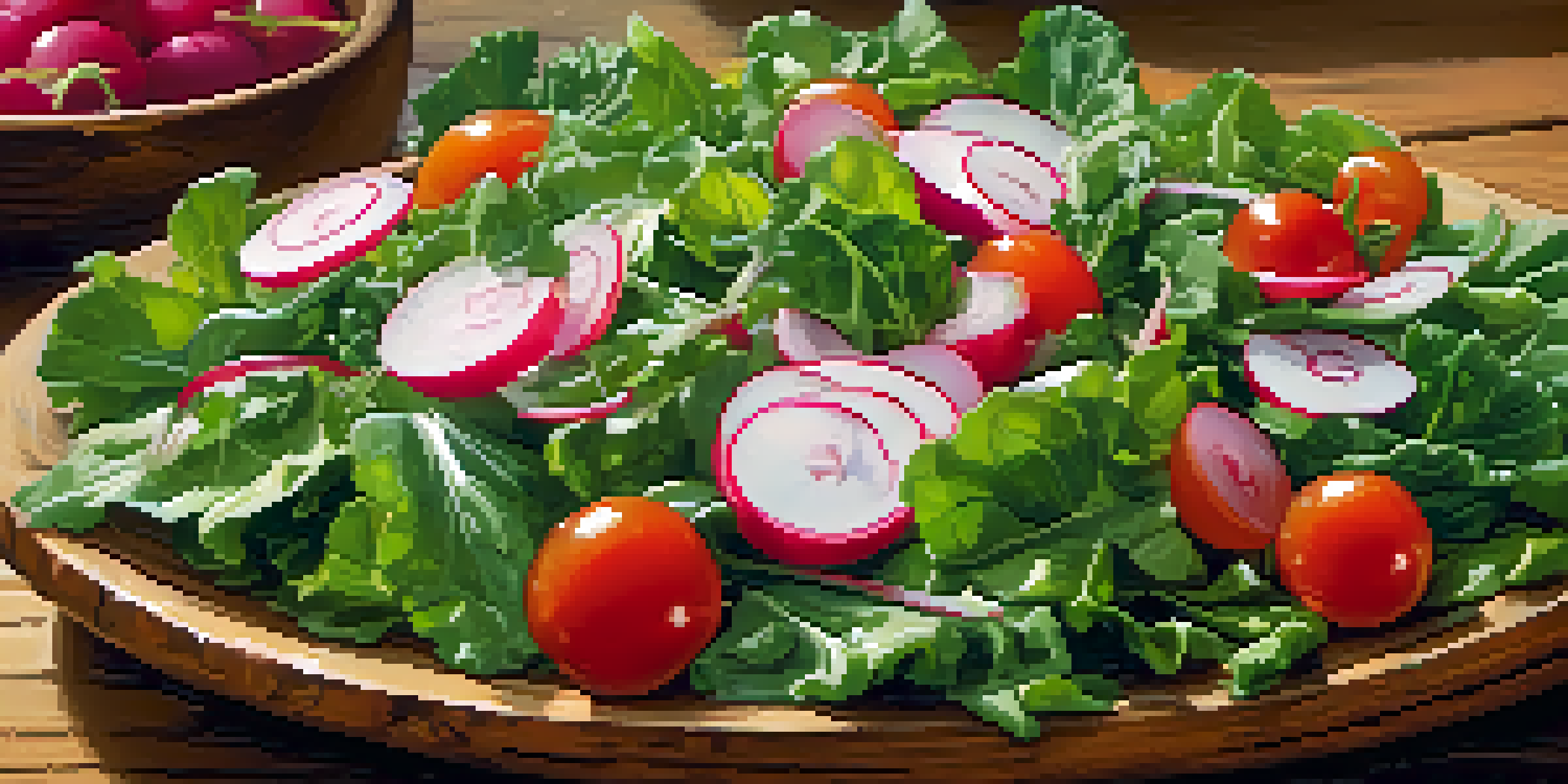 A colorful salad in a wooden bowl with leafy greens, radish slices, and cherry tomatoes, illuminated by natural light.