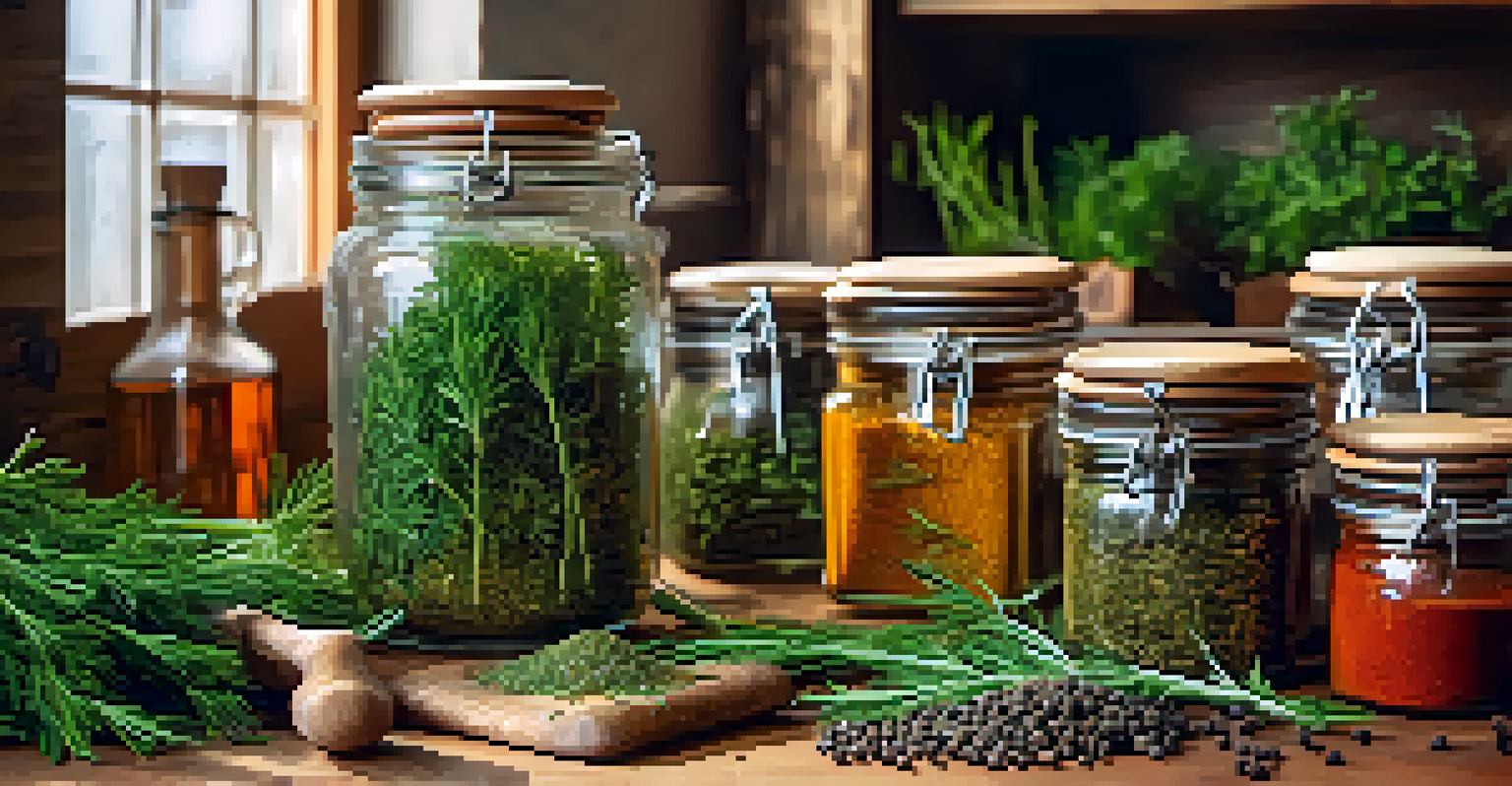 A glass jar filled with a colorful herb and spice blend, surrounded by fresh herbs like dill and rosemary, set in a rustic kitchen ambiance.