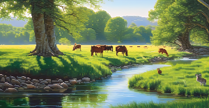 A peaceful green field with animals grazing near a flowing stream under a clear sky.